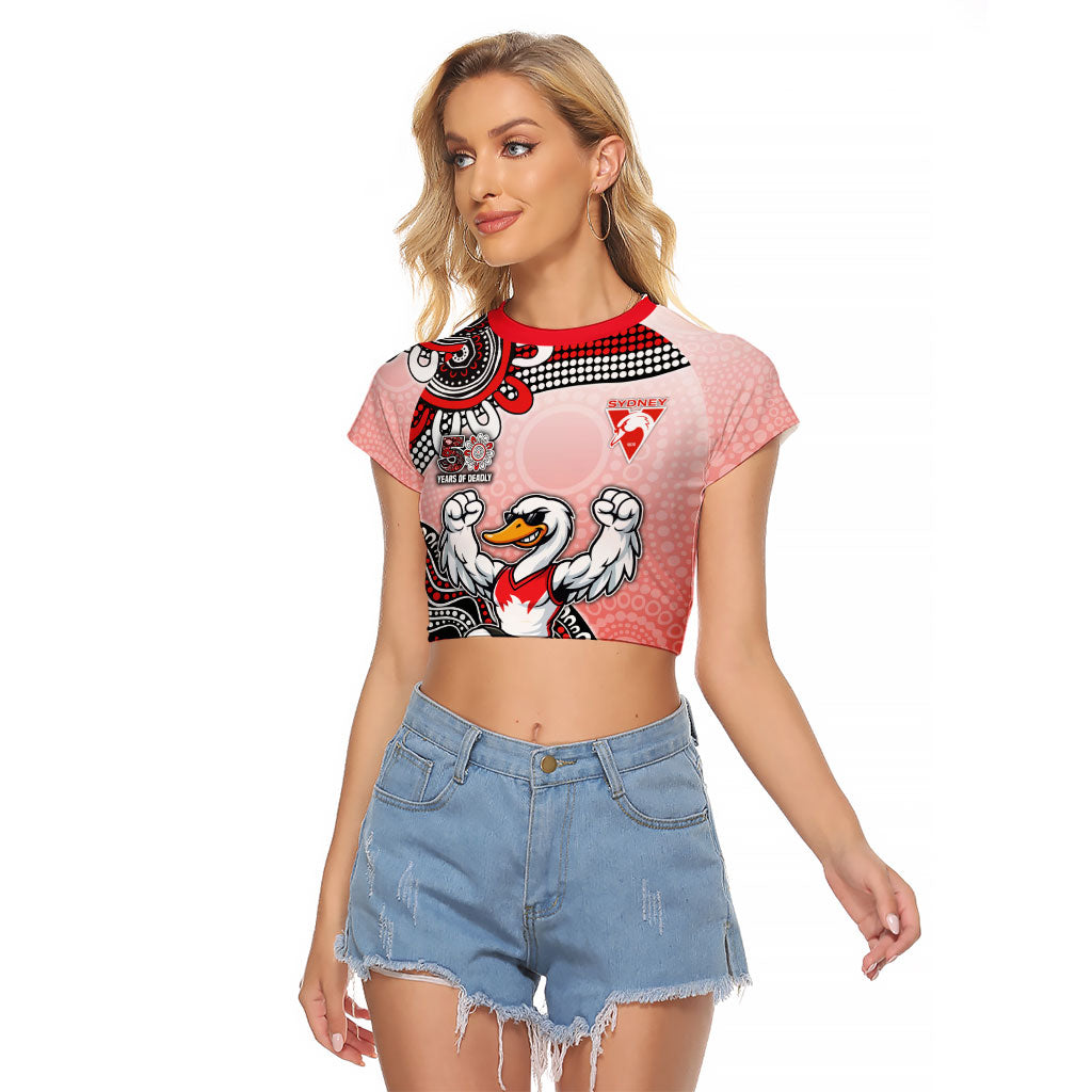 Personalized Sydney Swans Football Mascot Raglan Cropped T Shirt Aboriginal Dot Art Style Vibrant Indigenous Pattern Design