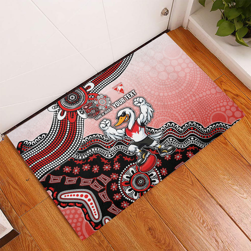 Personalized Sydney Swans Football Mascot Rubber Doormat Aboriginal Dot Art Style Vibrant Indigenous Pattern Design