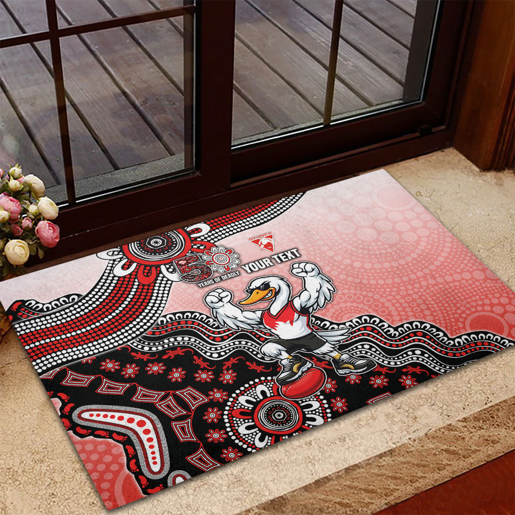 Personalized Sydney Swans Football Mascot Rubber Doormat Aboriginal Dot Art Style Vibrant Indigenous Pattern Design