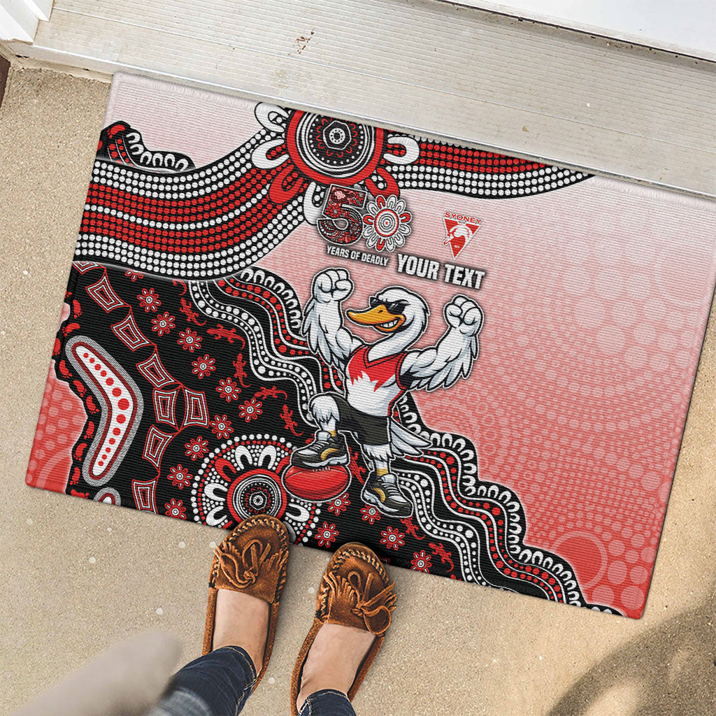 Personalized Sydney Swans Football Mascot Rubber Doormat Aboriginal Dot Art Style Vibrant Indigenous Pattern Design