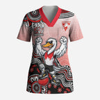 Personalized Sydney Swans Football Mascot Scrub Top Aboriginal Dot Art Style Vibrant Indigenous Pattern Design