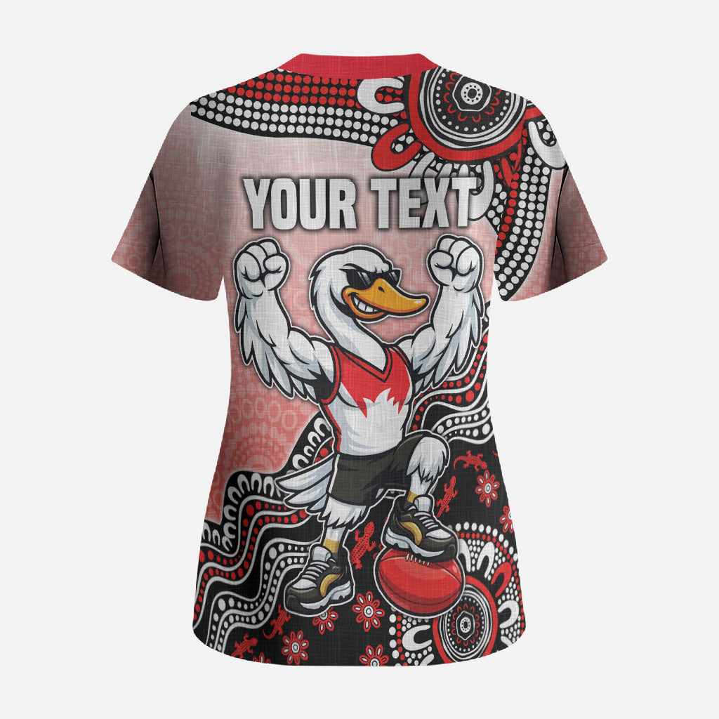 Personalized Sydney Swans Football Mascot Scrub Top Aboriginal Dot Art Style Vibrant Indigenous Pattern Design