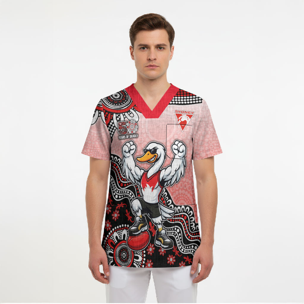 Personalized Sydney Swans Football Mascot Scrub Top Aboriginal Dot Art Style Vibrant Indigenous Pattern Design