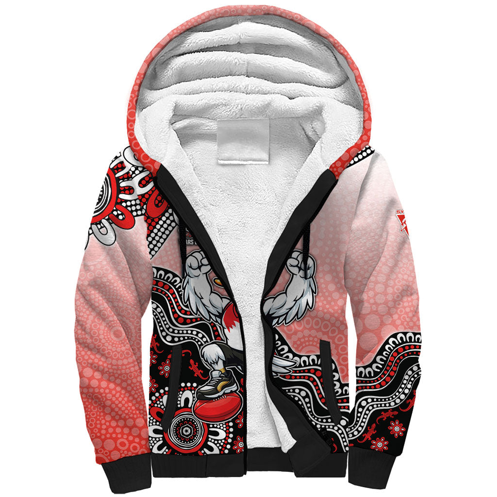 Personalized Sydney Swans Football Mascot Sherpa Hoodie Aboriginal Dot Art Style Vibrant Indigenous Pattern Design
