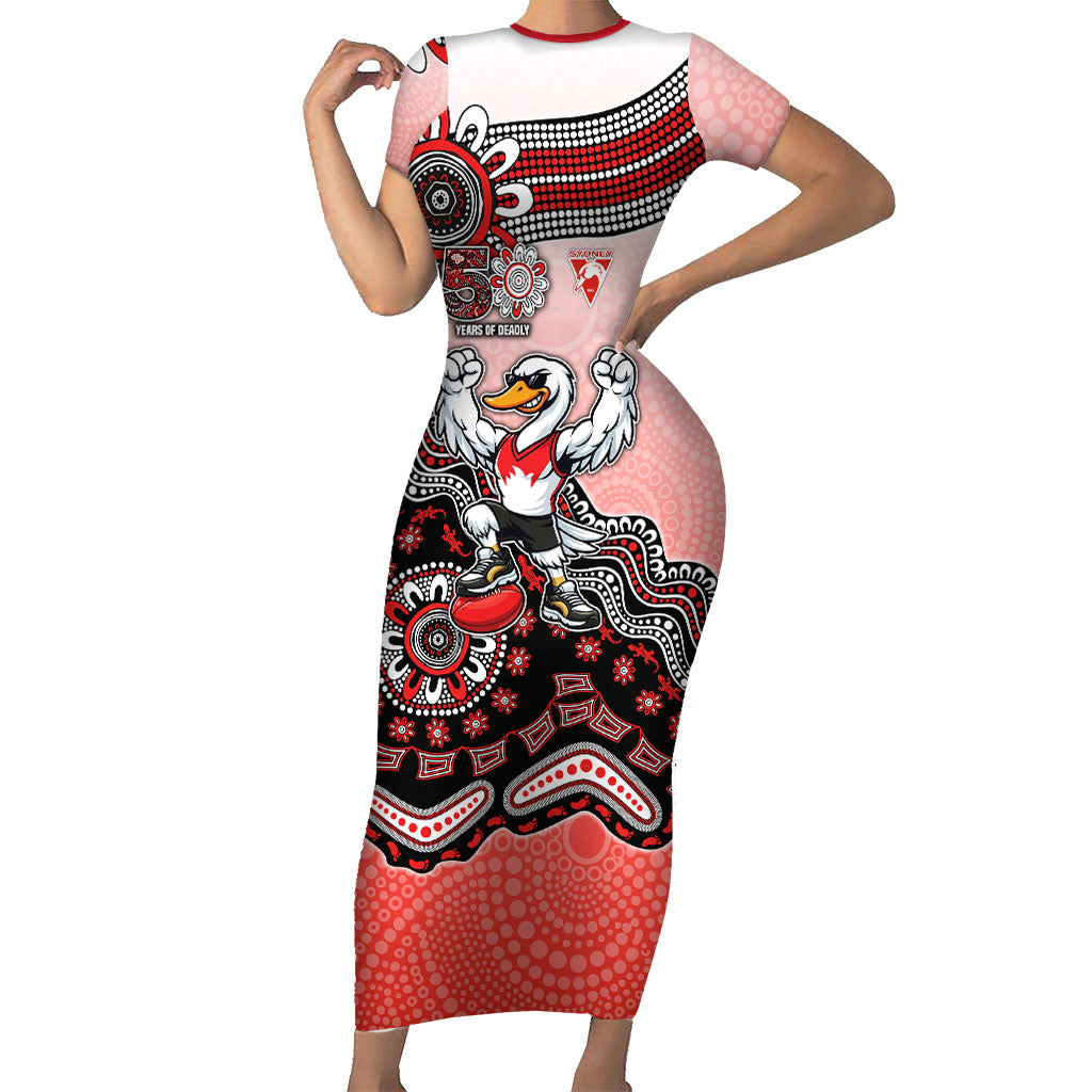 Personalized Sydney Swans Football Mascot Short Sleeve Bodycon Dress Aboriginal Dot Art Style Vibrant Indigenous Pattern Design