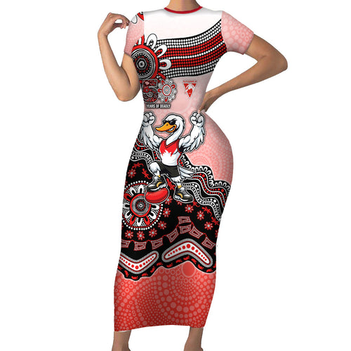 Personalized Sydney Swans Football Mascot Short Sleeve Bodycon Dress Aboriginal Dot Art Style Vibrant Indigenous Pattern Design