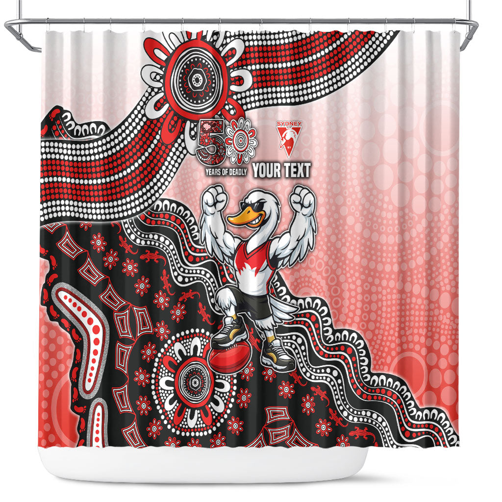 Personalized Sydney Swans Football Mascot Shower Curtain Aboriginal Dot Art Style Vibrant Indigenous Pattern Design