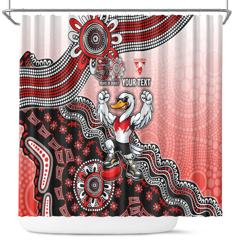 Personalized Sydney Swans Football Mascot Shower Curtain Aboriginal Dot Art Style Vibrant Indigenous Pattern Design