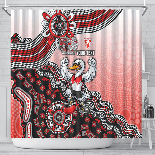 Personalized Sydney Swans Football Mascot Shower Curtain Aboriginal Dot Art Style Vibrant Indigenous Pattern Design