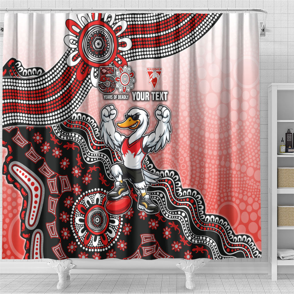 Personalized Sydney Swans Football Mascot Shower Curtain Aboriginal Dot Art Style Vibrant Indigenous Pattern Design