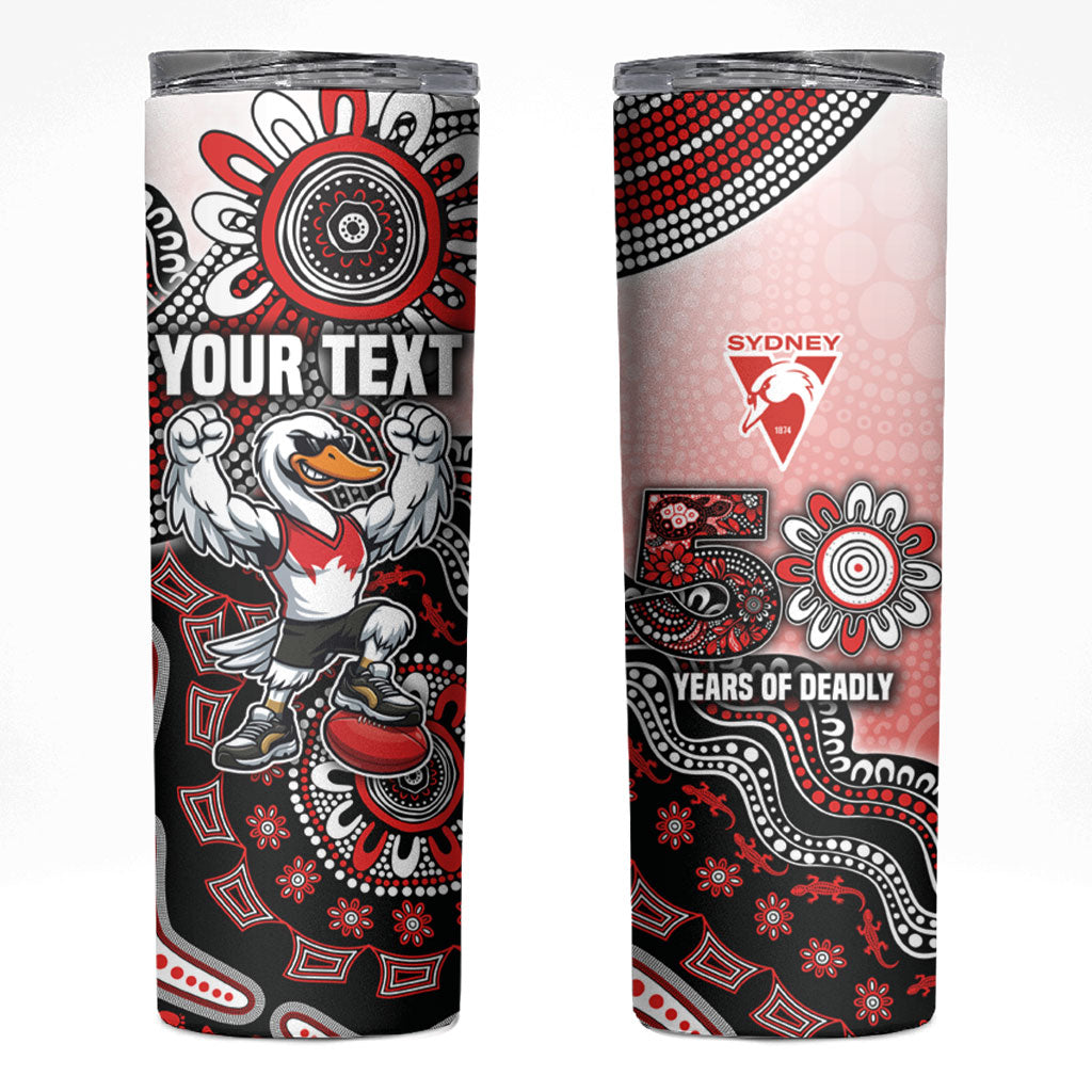 Personalized Sydney Swans Football Mascot Skinny Tumbler Aboriginal Dot Art Style Vibrant Indigenous Pattern Design