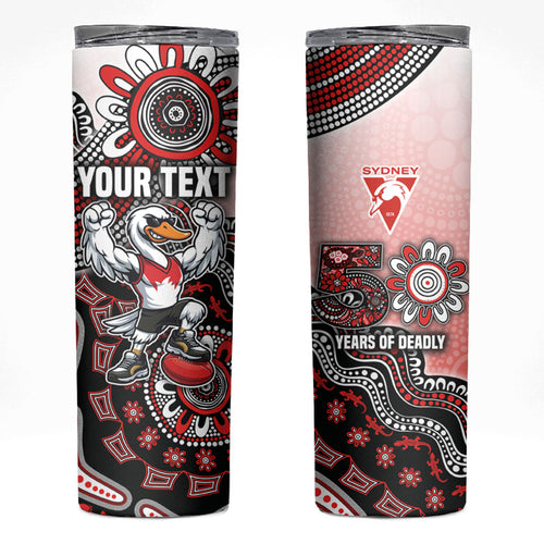 Personalized Sydney Swans Football Mascot Skinny Tumbler Aboriginal Dot Art Style Vibrant Indigenous Pattern Design