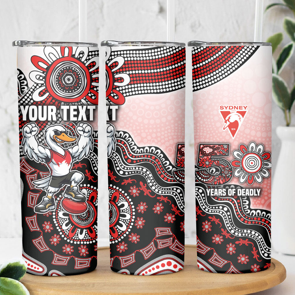 Personalized Sydney Swans Football Mascot Skinny Tumbler Aboriginal Dot Art Style Vibrant Indigenous Pattern Design