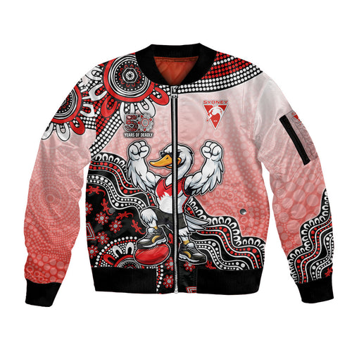 Personalized Sydney Swans Football Mascot Sleeve Zip Bomber Jacket Aboriginal Dot Art Style Vibrant Indigenous Pattern Design
