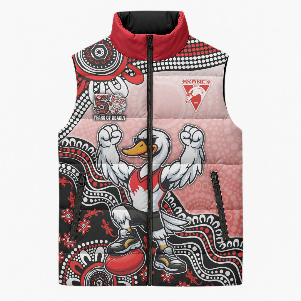 Personalized Sydney Swans Football Mascot Sleeveless Puffer Jacket Aboriginal Dot Art Style Vibrant Indigenous Pattern Design