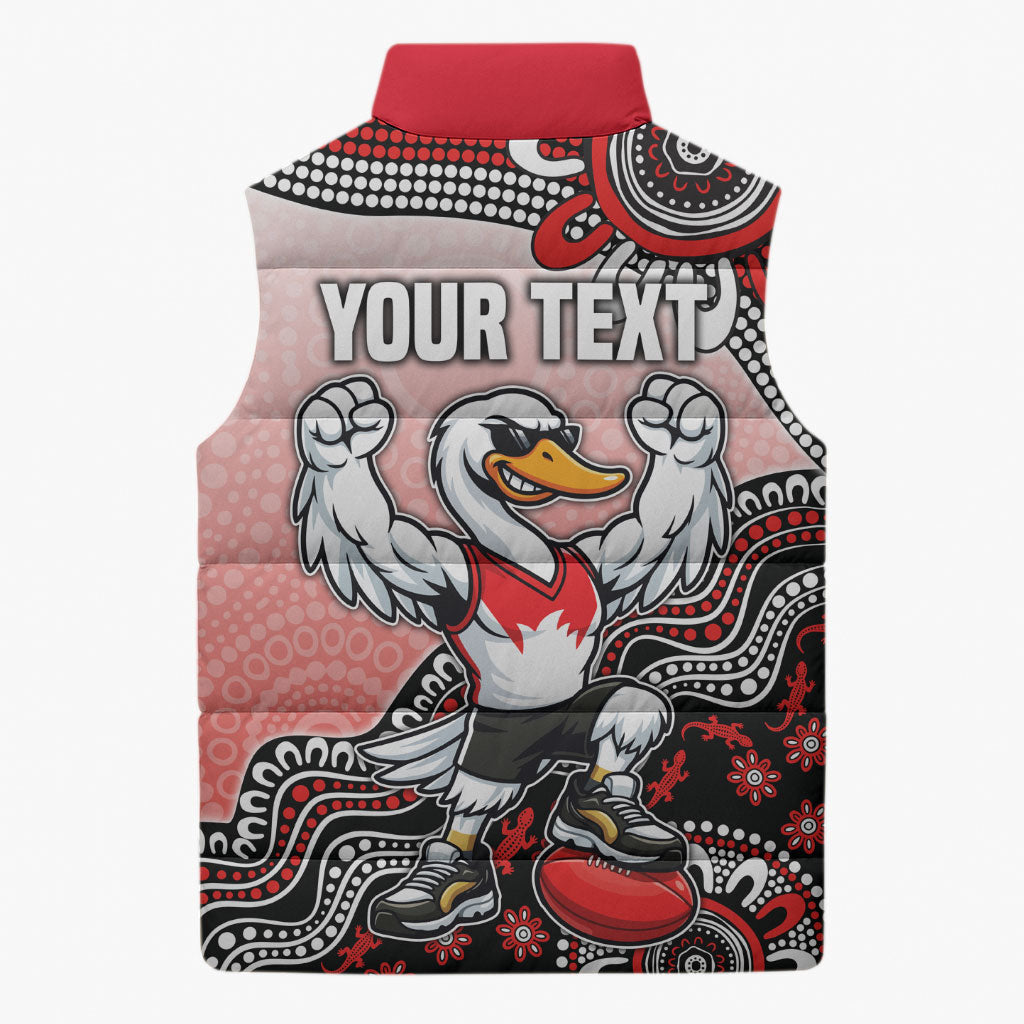 Personalized Sydney Swans Football Mascot Sleeveless Puffer Jacket Aboriginal Dot Art Style Vibrant Indigenous Pattern Design