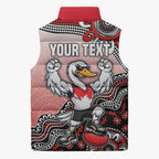 Personalized Sydney Swans Football Mascot Sleeveless Puffer Jacket Aboriginal Dot Art Style Vibrant Indigenous Pattern Design