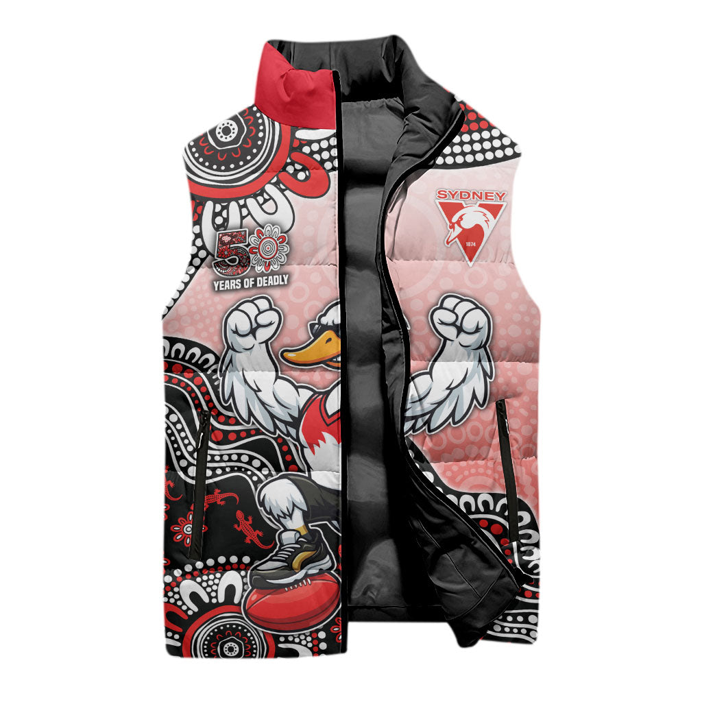 Personalized Sydney Swans Football Mascot Sleeveless Puffer Jacket Aboriginal Dot Art Style Vibrant Indigenous Pattern Design