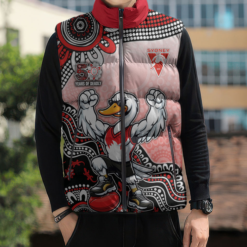 Personalized Sydney Swans Football Mascot Sleeveless Puffer Jacket Aboriginal Dot Art Style Vibrant Indigenous Pattern Design