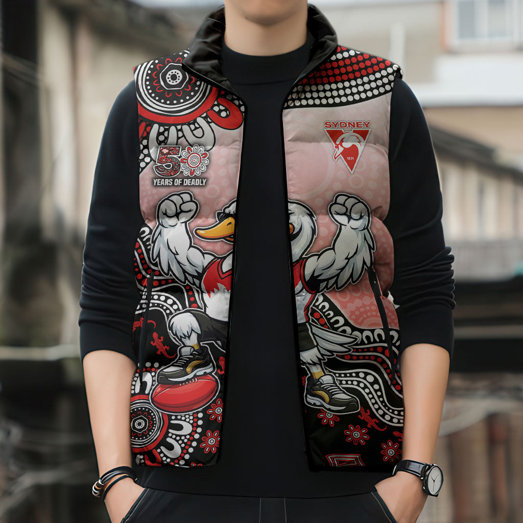 Personalized Sydney Swans Football Mascot Sleeveless Puffer Jacket Aboriginal Dot Art Style Vibrant Indigenous Pattern Design