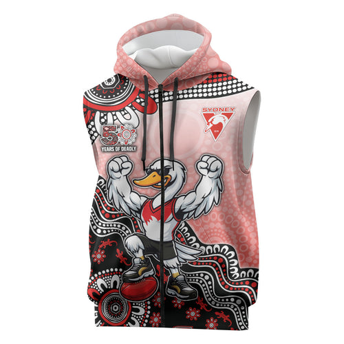 Personalized Sydney Swans Football Mascot Sleeveless Zip Hoodie Aboriginal Dot Art Style Vibrant Indigenous Pattern Design