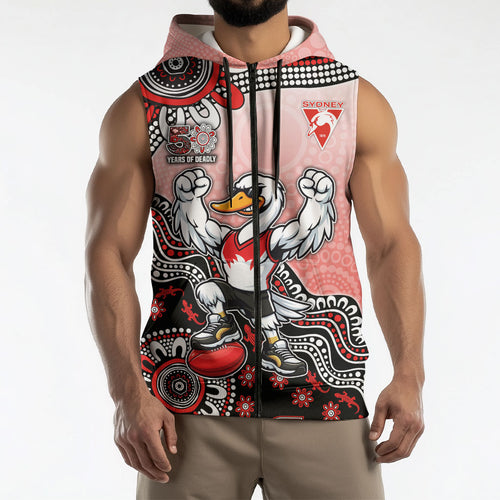 Personalized Sydney Swans Football Mascot Sleeveless Zip Hoodie Aboriginal Dot Art Style Vibrant Indigenous Pattern Design