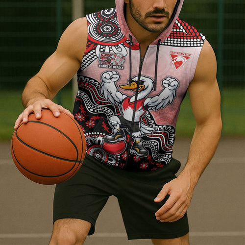 Personalized Sydney Swans Football Mascot Sleeveless Zip Hoodie Aboriginal Dot Art Style Vibrant Indigenous Pattern Design