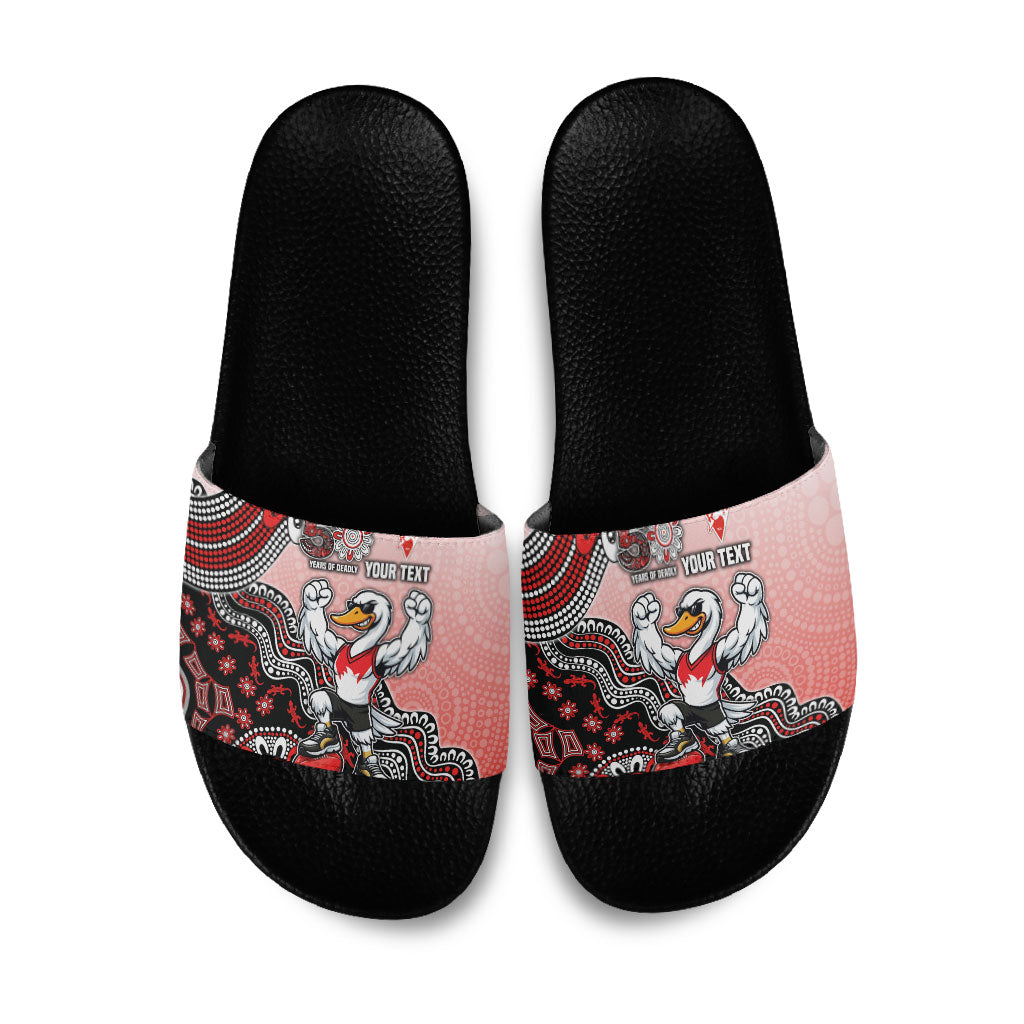 Personalized Sydney Swans Football Mascot Slide Sandals Aboriginal Dot Art Style Vibrant Indigenous Pattern Design