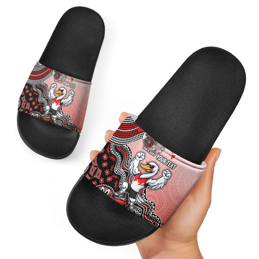 Personalized Sydney Swans Football Mascot Slide Sandals Aboriginal Dot Art Style Vibrant Indigenous Pattern Design