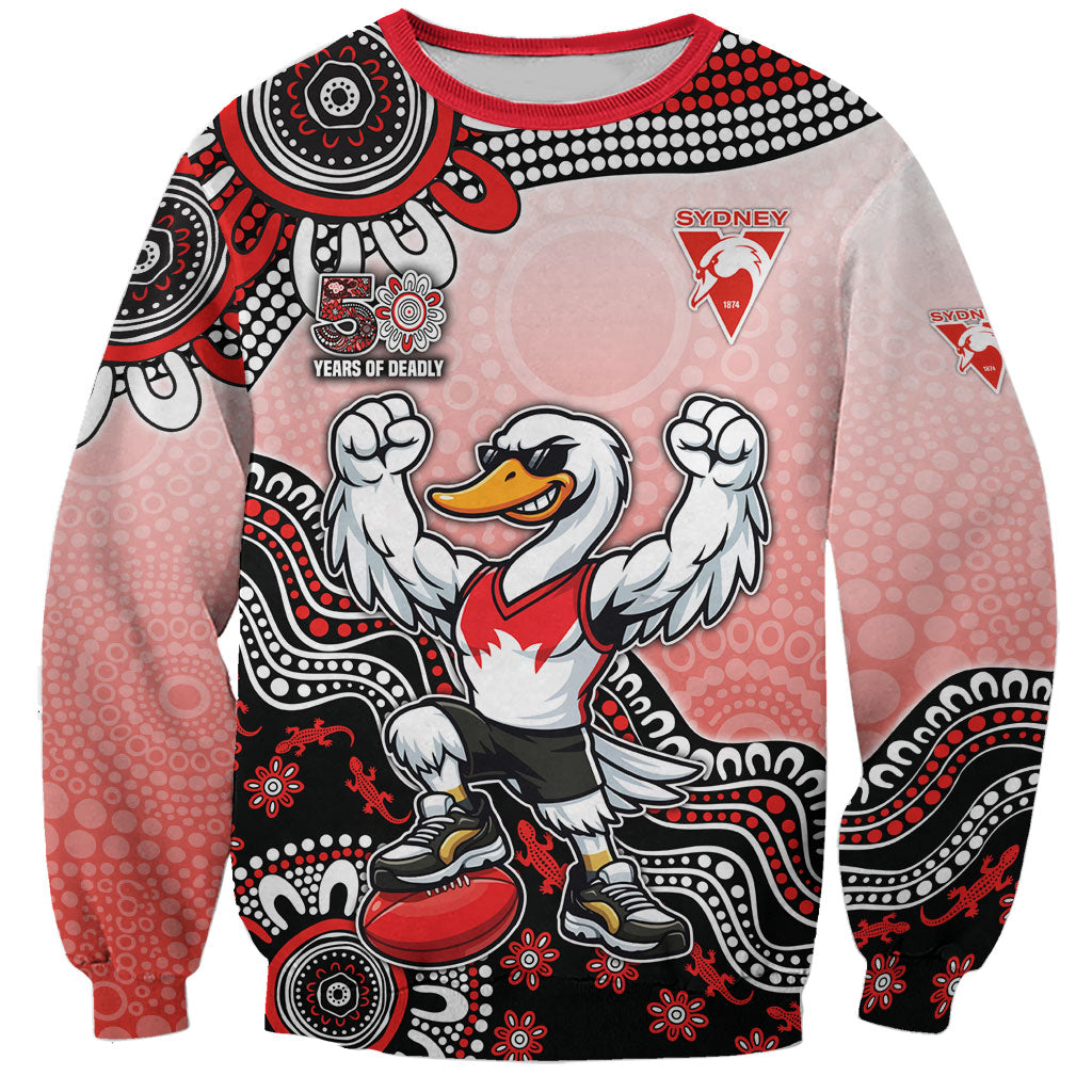 Personalized Sydney Swans Football Mascot Sweatshirt Aboriginal Dot Art Style Vibrant Indigenous Pattern Design