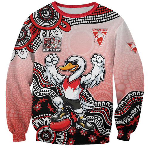 Personalized Sydney Swans Football Mascot Sweatshirt Aboriginal Dot Art Style Vibrant Indigenous Pattern Design