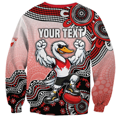 Personalized Sydney Swans Football Mascot Sweatshirt Aboriginal Dot Art Style Vibrant Indigenous Pattern Design