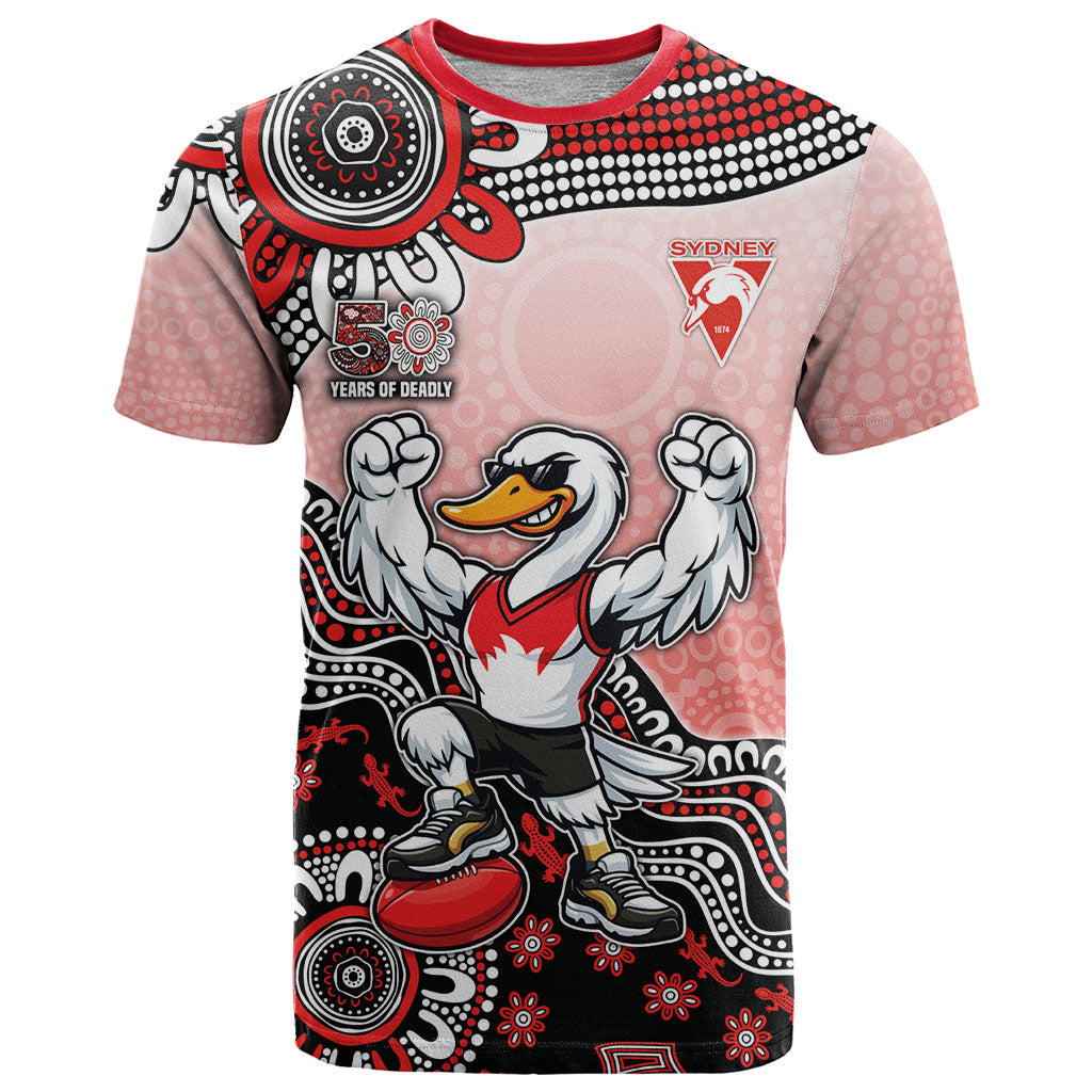 Personalized Sydney Swans Football Mascot T Shirt Aboriginal Dot Art Style Vibrant Indigenous Pattern Design