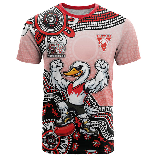 Personalized Sydney Swans Football Mascot T Shirt Aboriginal Dot Art Style Vibrant Indigenous Pattern Design