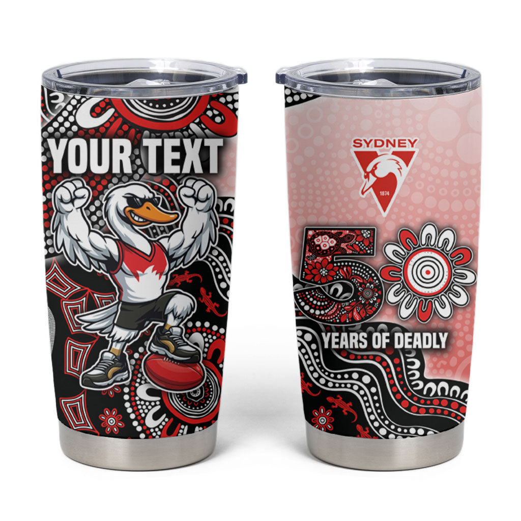 Personalized Sydney Swans Football Mascot Tumbler Cup Aboriginal Dot Art Style Vibrant Indigenous Pattern Design