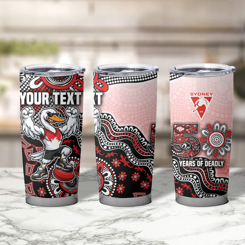 Personalized Sydney Swans Football Mascot Tumbler Cup Aboriginal Dot Art Style Vibrant Indigenous Pattern Design