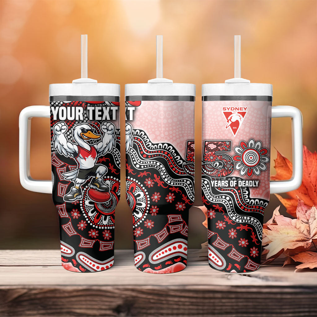 Personalized Sydney Swans Football Mascot Tumbler With Handle Aboriginal Dot Art Style Vibrant Indigenous Pattern Design