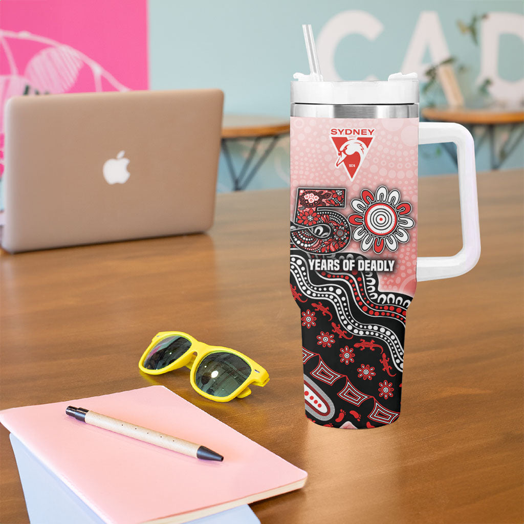Personalized Sydney Swans Football Mascot Tumbler With Handle Aboriginal Dot Art Style Vibrant Indigenous Pattern Design