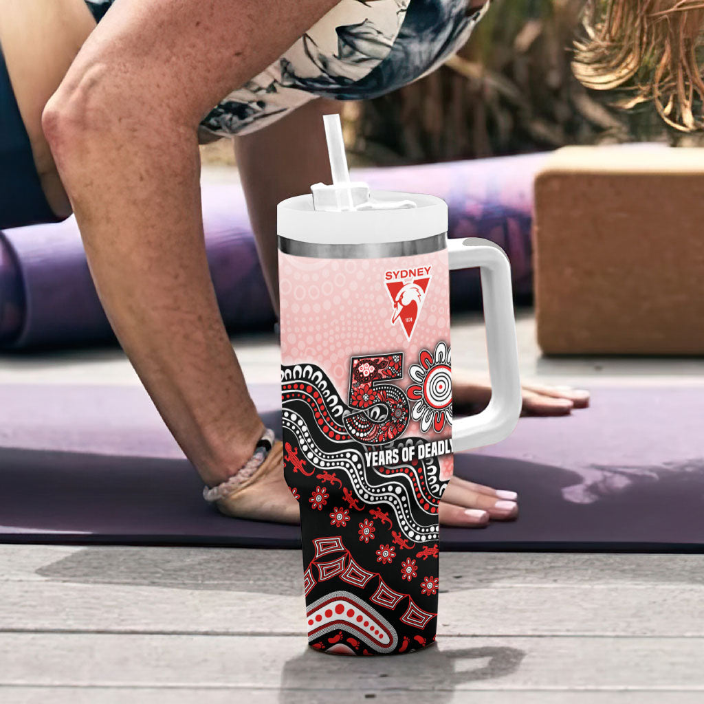 Personalized Sydney Swans Football Mascot Tumbler With Handle Aboriginal Dot Art Style Vibrant Indigenous Pattern Design
