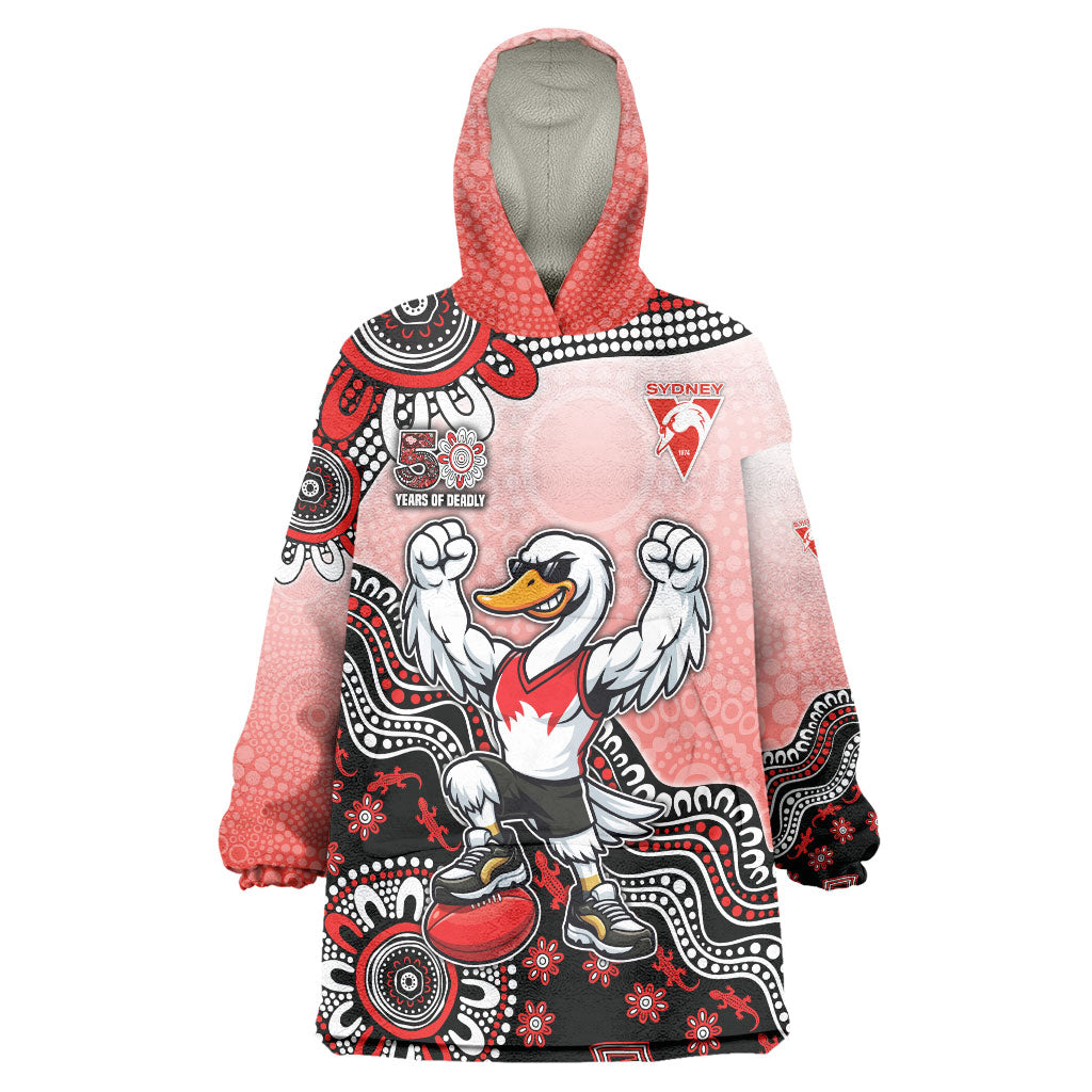 Personalized Sydney Swans Football Mascot Wearable Blanket Hoodie Aboriginal Dot Art Style Vibrant Indigenous Pattern Design