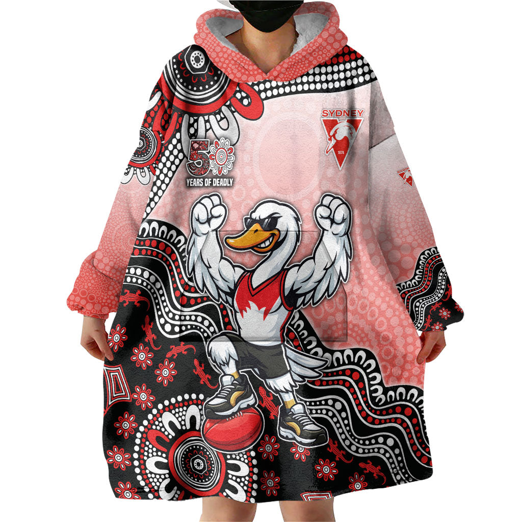 Personalized Sydney Swans Football Mascot Wearable Blanket Hoodie Aboriginal Dot Art Style Vibrant Indigenous Pattern Design