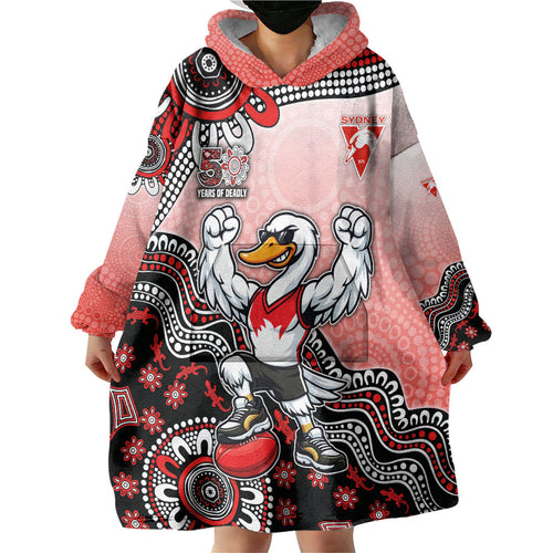 Personalized Sydney Swans Football Mascot Wearable Blanket Hoodie Aboriginal Dot Art Style Vibrant Indigenous Pattern Design