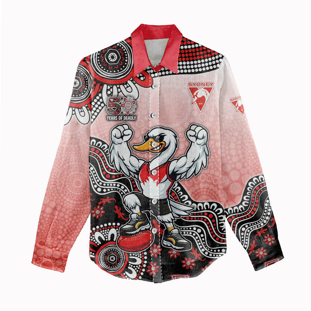 Personalized Sydney Swans Football Mascot Women Casual Shirt Aboriginal Dot Art Style Vibrant Indigenous Pattern Design