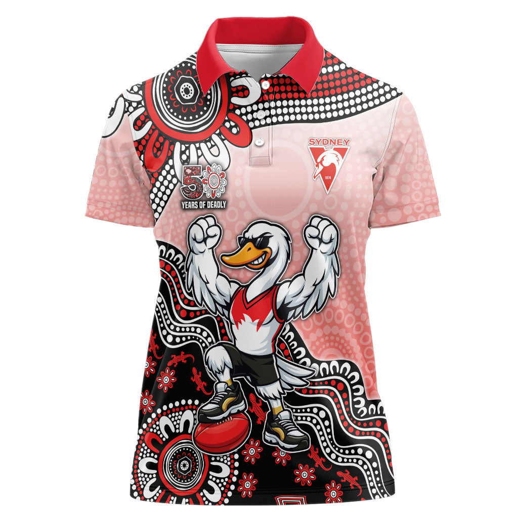 Personalized Sydney Swans Football Mascot Women Polo Shirt Aboriginal Dot Art Style Vibrant Indigenous Pattern Design