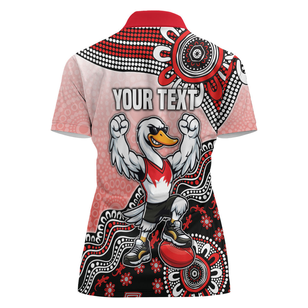 Personalized Sydney Swans Football Mascot Women Polo Shirt Aboriginal Dot Art Style Vibrant Indigenous Pattern Design