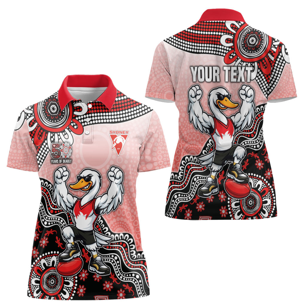 Personalized Sydney Swans Football Mascot Women Polo Shirt Aboriginal Dot Art Style Vibrant Indigenous Pattern Design