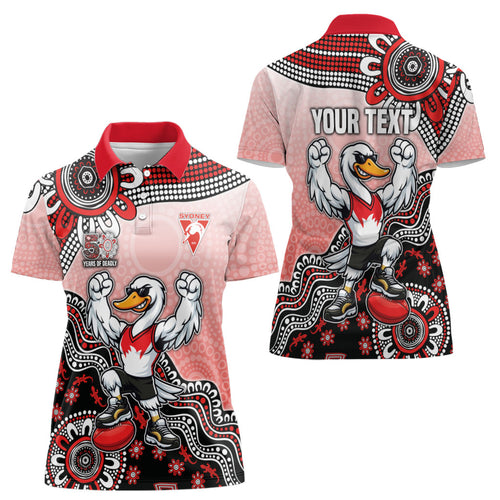 Personalized Sydney Swans Football Mascot Women Polo Shirt Aboriginal Dot Art Style Vibrant Indigenous Pattern Design