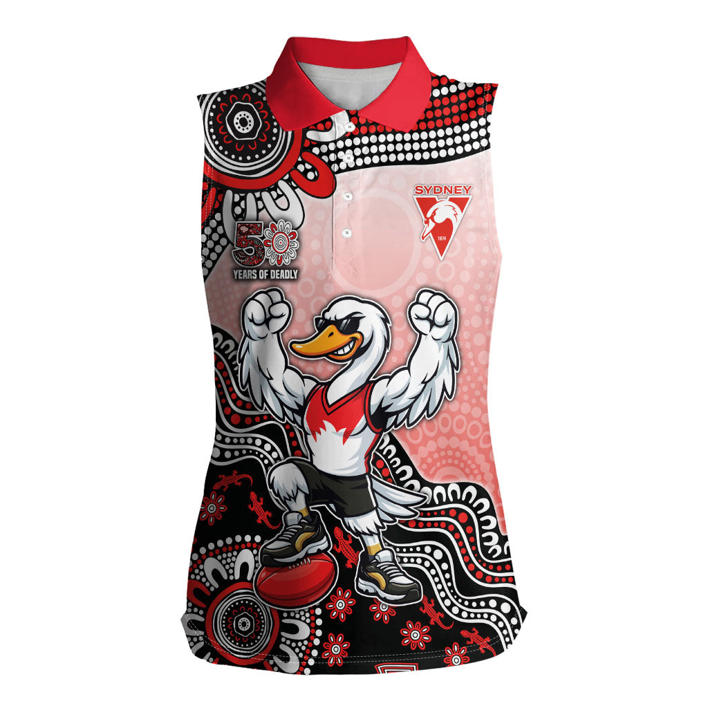 Personalized Sydney Swans Football Mascot Women Sleeveless Polo Shirt Aboriginal Dot Art Style Vibrant Indigenous Pattern Design