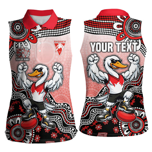 Personalized Sydney Swans Football Mascot Women Sleeveless Polo Shirt Aboriginal Dot Art Style Vibrant Indigenous Pattern Design