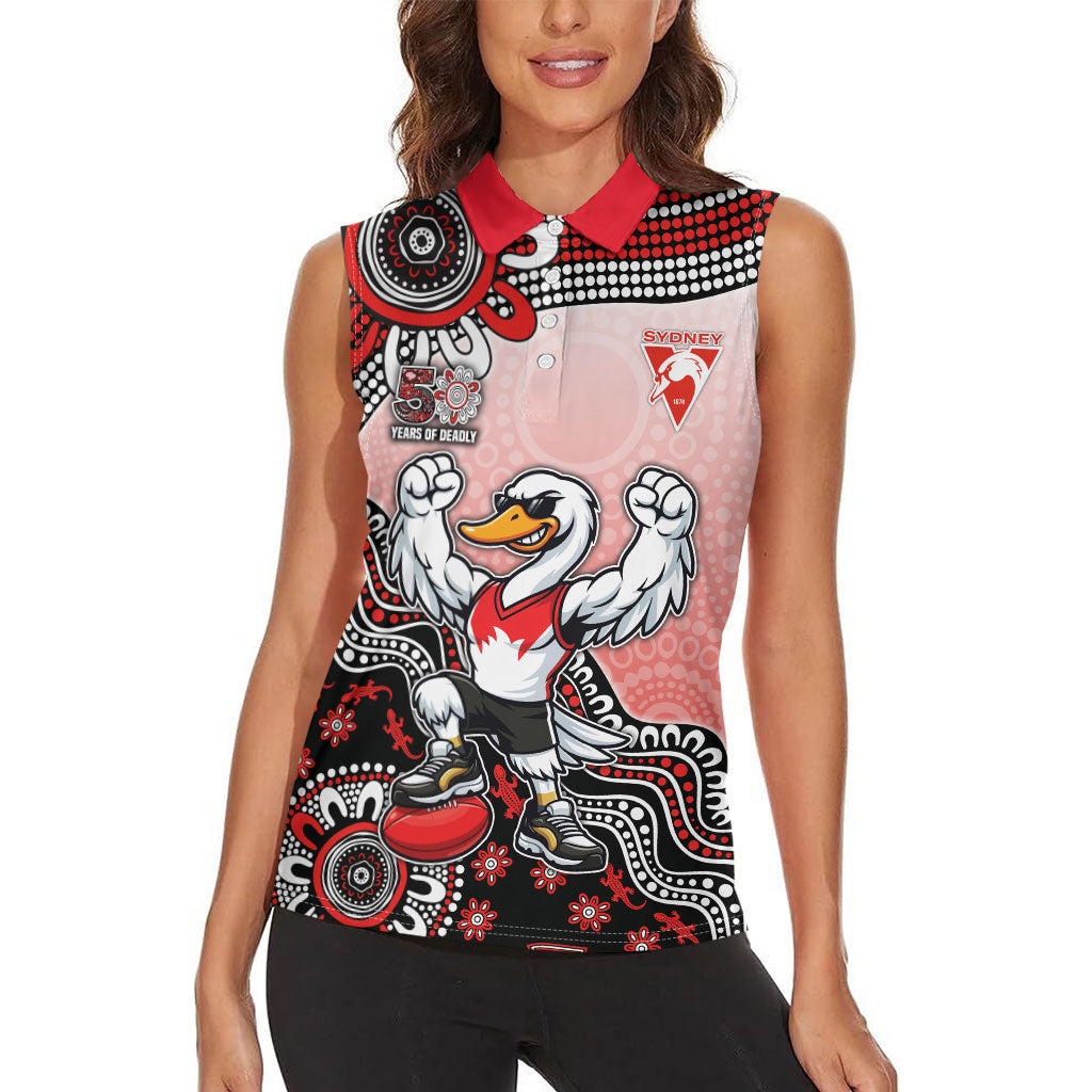 Personalized Sydney Swans Football Mascot Women Sleeveless Polo Shirt Aboriginal Dot Art Style Vibrant Indigenous Pattern Design